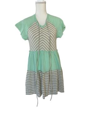 POL Mint Green and Beige Striped Casual Tiered Dress